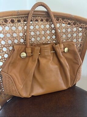 Via Spiga Tan Leather Handbag with Braided Handles and Woven Detail